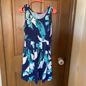 New with tags, Tolodor brand tank dress with navy blue/white/green leaf print